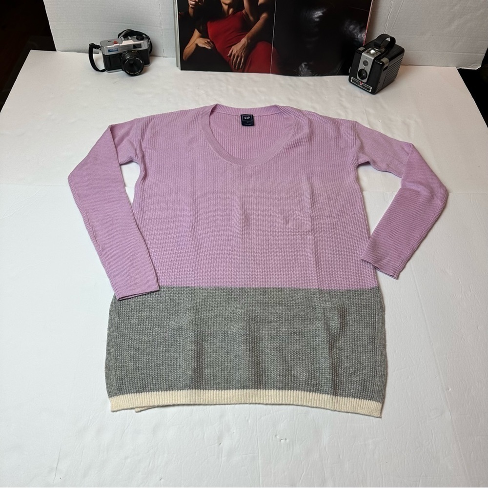 Gap Wool Blend Colorblock Tunic Sweater Pink Gray Long Sleeve XS Soft Knit